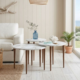 Τραπεζάκι Σαλονιού σετ 3 τμχ Nola Megapap Χρώμα Λευκό εφέ Μαρμάρου Ø60x46εκ.