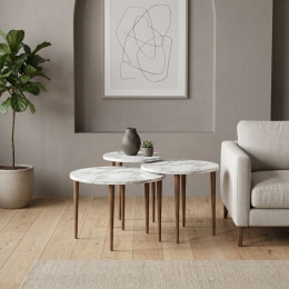 Τραπεζάκι Σαλονιού σετ 3 τμχ Nola Megapap Χρώμα Λευκό εφέ Μαρμάρου Ø60x46εκ.