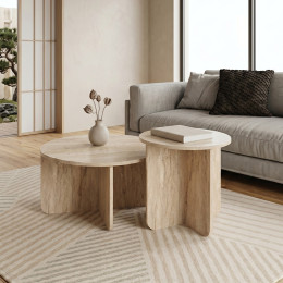 Τραπεζάκι Σαλονιού σετ 2 τμχ Hillary Megapap Χρώμα Travertine Ø70x38εκ.