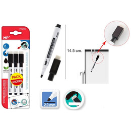 Μαρκαδόροι Πίνακα MP Με Μαγνητικό Καπάκι Και Σφουγγάρι Μαύροι Σετ 3 τμχ PE128B