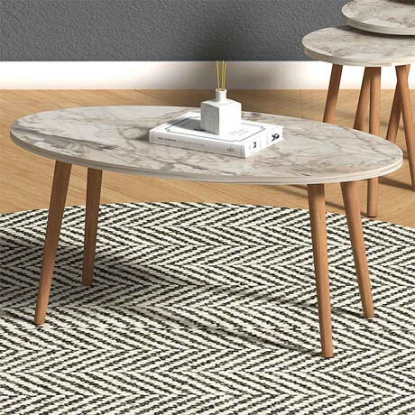 Τραπεζάκι Σαλονιού + Βοηθητικά Τραπεζάκια Elips Megapap από Μελαμίνη Χρώμα εφέ Μαρμάρου 90x50x41εκ.