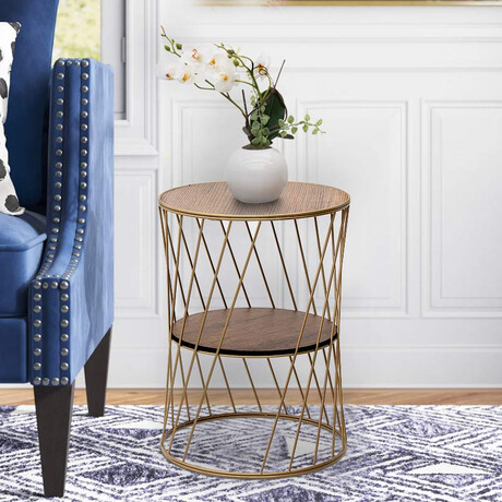 Βοηθητικό Τραπεζάκι Jaspin Megapap Μεταλλικό - mdf Χρώμα Χρυσό - Καρυδί 32x32x44εκ.