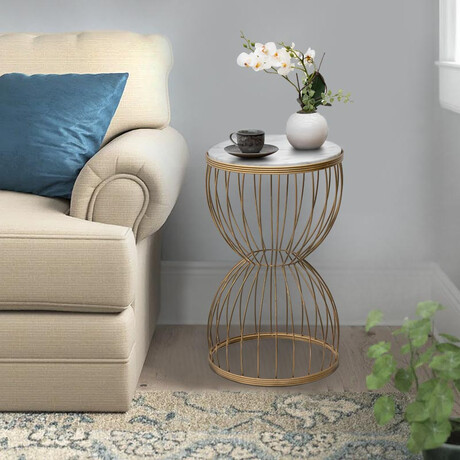 Βοηθητικό Τραπεζάκι Pino Megapap Μεταλλικό - mdf Χρώμα Χρυσό - Λευκό εφέ Μαρμάρου 35x35x58εκ.