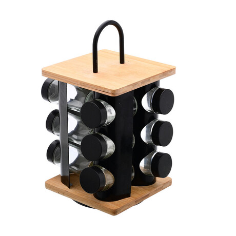 Estia Βαση Μπαχαρικων Bamboo Essentials με 12 Γυαλινα Δοχεια Περιστρεφομενη Μαυρη