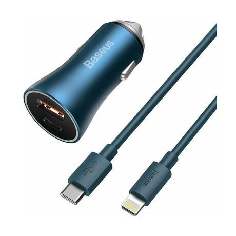 Baseus car Charger Golden Contactor pro Dual Quick Charger (With Type-c - Lightning 1m Blue) 40w Blue (Tzccjd-03) (Bastzccjd-03)