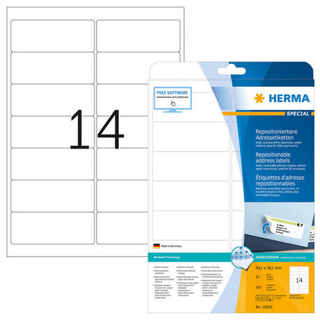 Ετικέτες Επανατοποθετούμενες Λευκές Herma 99.1x38.1mm 25 Φύλλα 350 Ετικέτες No 10016