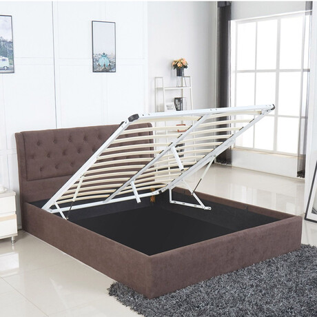 Κρεβάτι ArteLibre ASTER Σκούρο Καφέ Ύφασμα Με Αποθηκευτικό Χώρο 219x170x104cm (Στρώμα 160x200cm)