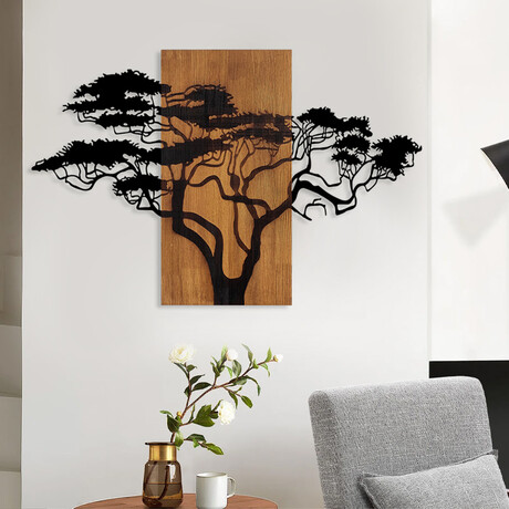 Διακοσμητικό Τοίχου Acacia Tree Megapap Ξύλινο - Μεταλλικό Χρώμα Καρυδί - Μαύρο 90x3x58εκ.