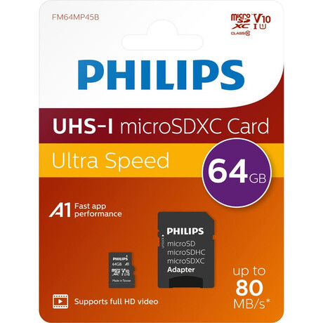Philips 2-Pack Microsdxc 64gb Class 10 u1 v10 a1 uhs-i με Αντάπτορα (Phmsda64guhsiu1p2) (Phiphmsda64guhsiu1p2)