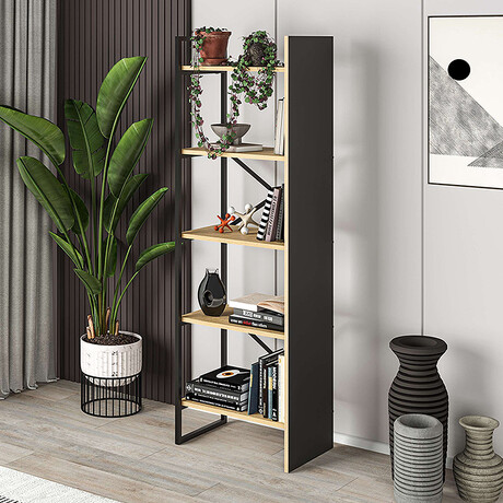 Βιβλιοθήκη Detroit Megapap Χρώμα Sapphire oak - Silky Black 58x35,2x175εκ.