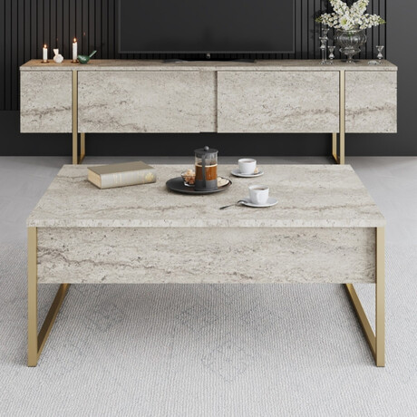 Τραπεζάκι Σαλονιού Luxe Megapap Χρώμα Travertine - Χρυσό 90x60x40εκ.