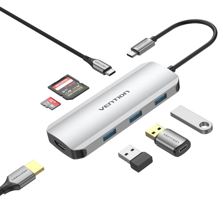 Vention Type-c to Hdmi/usb 3.0*3/sd/tf/pd 100w Docking Station 0.15m Gray Aluminum Alloy Type (Tojhb) (Ventojhb)