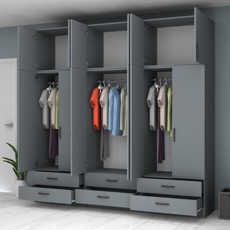 Ντουλάπα Ρούχων Ricardo Megapap Εξάφυλλη με Πατάρι Χρώμα Ανθρακί 240x51,8x240εκ.