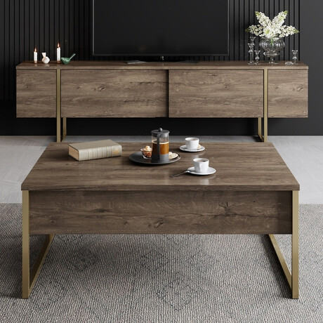 Τραπεζάκι Σαλονιού Luxe Megapap Χρώμα Καρυδί - Χρυσό 90x60x40εκ.