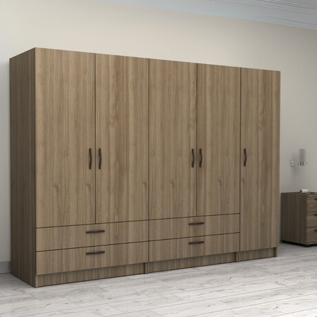 Ντουλάπα Ρούχων Victoria Megapap Πεντάφυλλη με Συρτάρια Χρώμα Καρυδί 250x60x181εκ.