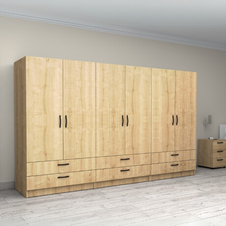 Ντουλάπα Ρούχων Victoria Megapap Εξάφυλλη με Συρτάρια Χρώμα Φυσικό Οξιάς 300x60x181εκ.