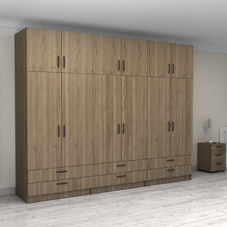 Ντουλάπα Ρούχων Victoria Megapap Εξάφυλλη με Πατάρι και Συρτάρια Χρώμα Καρυδί 300x60x240εκ.