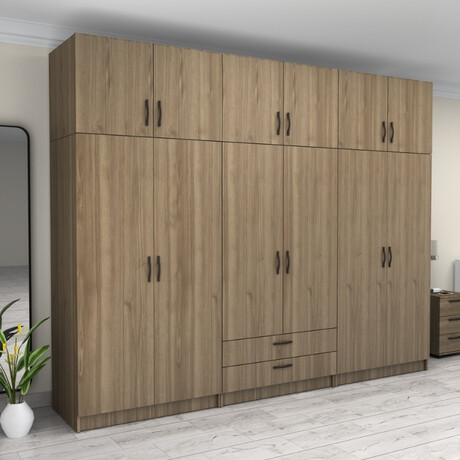 Ντουλάπα Ρούχων Victoria Megapap Εξάφυλλη με Πατάρι και Συρτάρια Χρώμα Καρυδί 300x60x240εκ.