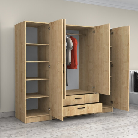 Ντουλάπα Ρούχων Victoria Megapap Τετράφυλλη με Συρτάρια Χρώμα Φυσικό Οξιάς 200x60x181εκ.