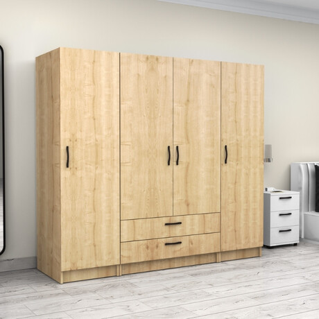 Ντουλάπα Ρούχων Victoria Megapap Τετράφυλλη με Συρτάρια Χρώμα Φυσικό Οξιάς 200x60x181εκ.