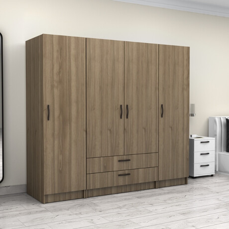 Ντουλάπα Ρούχων Victoria Megapap Τετράφυλλη με Συρτάρια Χρώμα Καρυδί 200x60x181εκ.