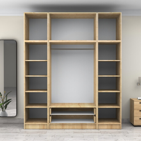 Ντουλάπα Ρούχων Victoria Megapap Τετράφυλλη με Πατάρι και Συρτάρια Χρώμα Φυσικό Οξιάς 200x60x240εκ.