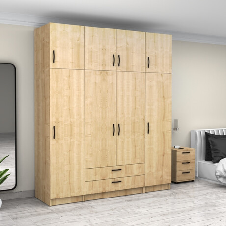 Ντουλάπα Ρούχων Victoria Megapap Τετράφυλλη με Πατάρι και Συρτάρια Χρώμα Φυσικό Οξιάς 200x60x240εκ.