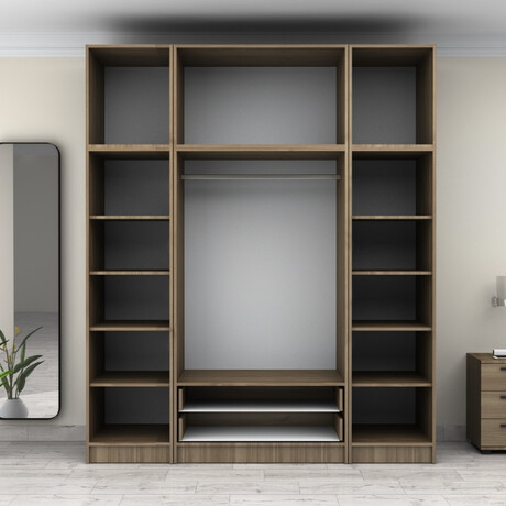 Ντουλάπα Ρούχων Victoria Megapap Τετράφυλλη με Πατάρι και Συρτάρια Χρώμα Καρυδί 200x60x240εκ.