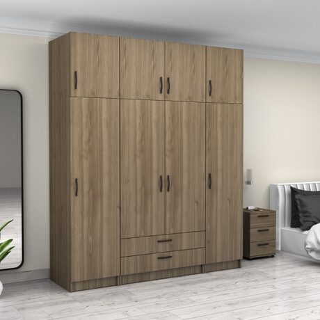Ντουλάπα Ρούχων Victoria Megapap Τετράφυλλη με Πατάρι και Συρτάρια Χρώμα Καρυδί 200x60x240εκ.