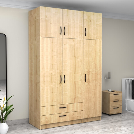 Ντουλάπα Ρούχων Victoria Megapap Τρίφυλλη με Πατάρι και Συρτάρια Χρώμα Φυσικό Οξιάς 150x60x240εκ.