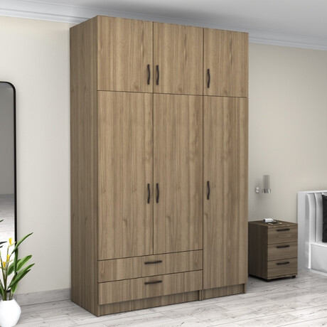 Ντουλάπα Ρούχων Victoria Megapap Τρίφυλλη με Πατάρι και Συρτάρια Χρώμα Καρυδί 150x60x240εκ.