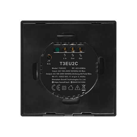 Sonoff Έξυπνος Διακόπτης Χωνευτός Wifi + rf 433 t2 eu tx (2 Καναλιών) (Μαύρο)
