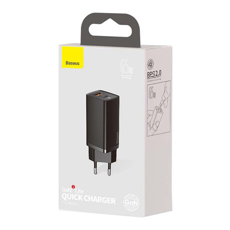 Baseus Φορτιστής Ταχείας Φόρτισης Gan2 Lite Usb+usb-c 65w eu (Μαύρο)