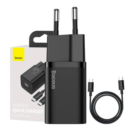 Baseus Φορτιστής Super si 1c 25w με Καλώδιο usb-c και Θύρα usb-c 1m (Μαύρο)