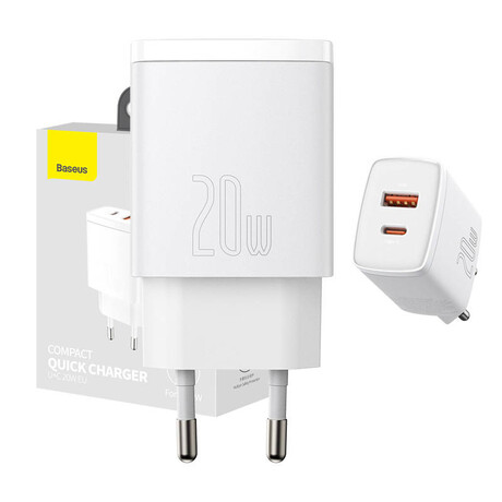 Baseus Φορτιστής Compact Quick Charger Usb, usb-c 20w (Λευκό)