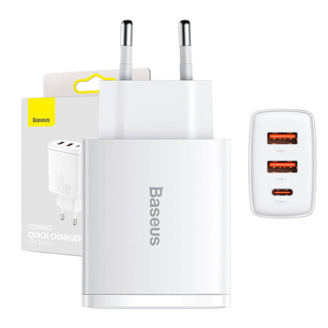 Baseus Φορτιστής Compact Quick Charger 2xusb, usb-c, pd, 3a, 30w (Λευκό)