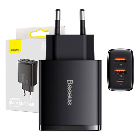 Baseus Φορτιστής Compact Quick Charger 2xusb, usb-c, pd, 3a, 30w (Μαύρο)