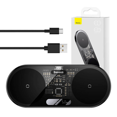 Baseus Διπλός Ασύρματος Φορτιστής qi με Ψηφιακή Οθόνη Led, 20w (Μαύρο)