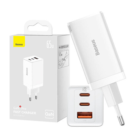 Baseus Φορτιστής Gan5 pro 2xusb-c + usb 65w (Λευκό)
