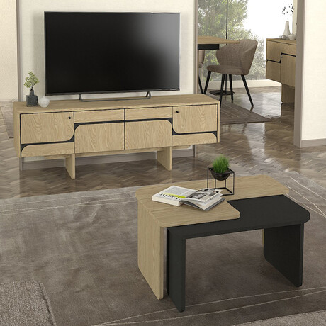 Τραπεζάκι Σαλονιού σετ 2τμχ Lava Megapap Χρώμα Rota oak - Ανθρακί 75x48,5x35,6εκ.