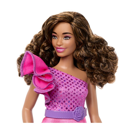 Mattel Barbie Doll: Fashionistas #225 - Curly Brown Hair With Pink Dress Curvy Dark Skin Doll (Hrh22)