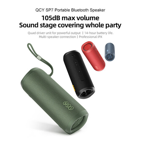 Qcy sp7 Green -  Portable Bluetooth Speaker w Stereo Sound 40w, mic for Calls, rgb Light Show