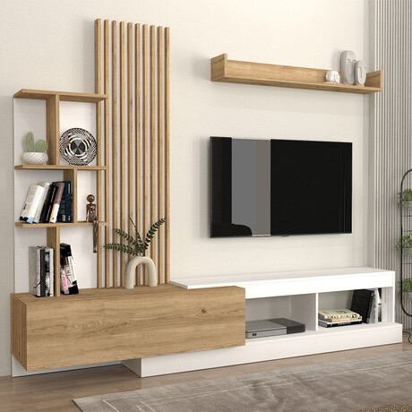 Σύνθεση Τηλεόρασης Vermont Megapap Χρώμα Λευκό - Sepet oak 240x40x192εκ.