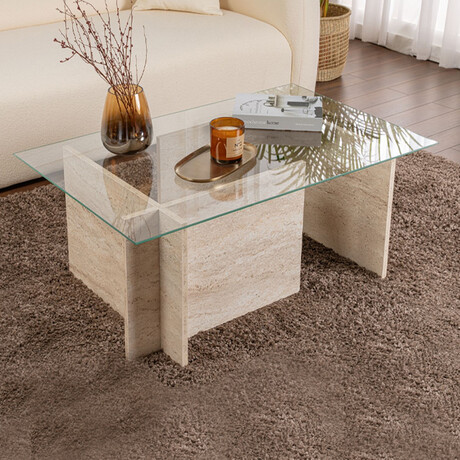 Τραπεζάκι Σαλονιού Vetrino Megapap Γυάλινο Χρώμα Travertine 105x65x40εκ.