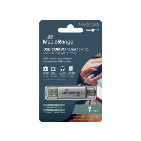 Mediarange usb 3.2 gen 1 Combo Flash Memory Drive With usb-a and usb-c®, With Protective Caps, Silver, 1tb (Mr941-1)