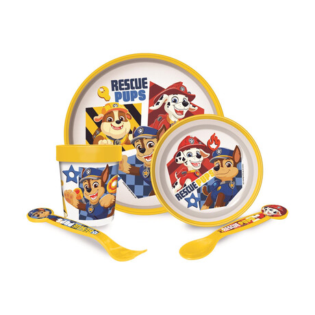 Stor: paw Patrol boy Rescue Pups 5 pcs -Non Slip Bicolor Premium set (Plate Bowl Tumbler 260 ml & Cutlery) (81681)