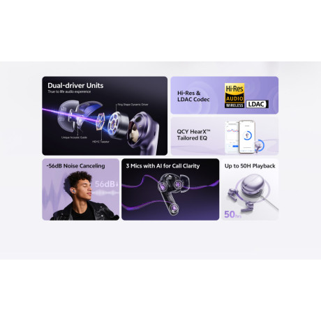 Qcy Melobuds n70 anc Purple - 55db anc tws Flagship hi-res Earbuds Ldac bt 6.0 Ipx5 Wireless Charge