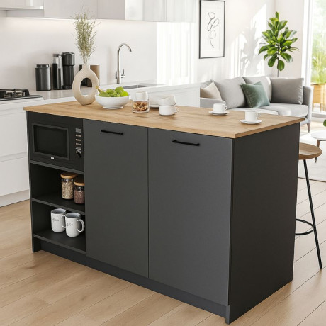 Τραπέζι - Πάγκος Κουζίνας Peres Megapap Χρώμα Ανθρακί - Sepet oak 150x70x91,8εκ.