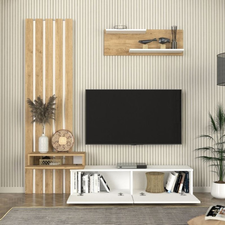 Σύνθεση Τηλεόρασης Rosaline Megapap Χρώμα Λευκό - Sepet oak 183x31,3x196,9εκ.