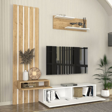 Σύνθεση Τηλεόρασης Rosaline Megapap Χρώμα Λευκό - Sepet oak 183x31,3x196,9εκ.